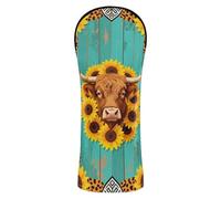 Coprimazza da golf impermeabile con targhetta numerica, progettata per adattarsi a tutti i legni e conducenti, girasole, mucca delle Highland con pelle bovina leopardata turchese