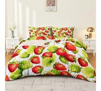 Copripiumini Foglie verdi di fragola dolce Cotone con Stampe Moderne 135 x 200 Microfibra Parure Copripiumino 3 Federe con Stampa Rosso Verde