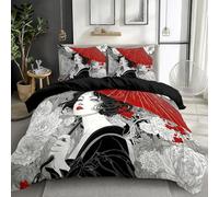 Copripiumino 100% microfibra spazzolata - 220 x 240 cm, Nero Elementi Giapponesi Anime Fiori Donna tema copripiumino, Resistenza allo strappo, Double Face, Adatto a ragazzi e ragazze