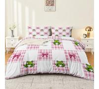 Copripiumino 135 x 200 cm 3 Pezzi in Griglia pastorale delle rane con Chiusura e Federa copripiumino in microfibra Set di Biancheria da Letto di Stile Elegante, Rosa verde