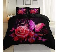 Copripiumino 135 x 200 cm 3 Pezzi in Splendida farfalla rosa con Chiusura e Federa copripiumino in microfibra Set di Biancheria da Letto di Stile Elegante, Rosa Viola e Nero