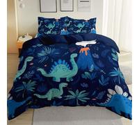 Copripiumino 135 x 200 cm Semplice Dinosauro Dei Cartoni Animati, Set di biancheria da letto reversibile da 3 pezzi + 2 federe, copripiumino con chiusura a cerniera, Blu Scuro