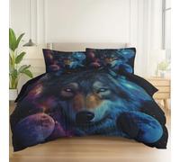 Copripiumino 155 x 220 cm, Set Copripiumino in Microfibra, Reversibile Biancheria da Letto Con Motivo Lupo 3d Fantasy Galassia 3 Pezzi, Copripiumone con Cerniera e 2 Federe, Nero