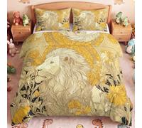 Copripiumino 155 x 220 cm tema floreale in stile Liberty per bambini | Set di biancheria da letto con leone girasole per adulti, copripiumino 3 pezzi, set da letto dorato con 2 federe