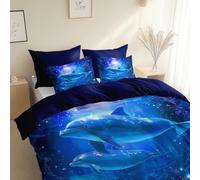 Copripiumino 2 Pezzi Con Delfino Con Cielo Stellato In Stile Fantasy, Comprendente 1 Copripiumino 135 x 200 cm + 1 Federe 50 x 80 cm - Reversibile con Cerniera, Blu E Nero Dello Spazio Profondo