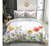 Copripiumino 200 X 200 Cm - Copripiumino In Microfibra Ultra Morbida Con Federa, Set Biancheria Da Letto In Fiori Campo Ad Acquerello Con Cerniera, Bianco Leggero E Traspirante, Papaveri Crisantemi