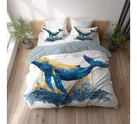 Copripiumino 200 x 220 - Qualità Alberghiera,Angenehm,Applicabile tutto l'anno - Bianco Blu Reale Oro Copripiumino Lavabile In Lavatrice - Copripiuminos Con Stampa Illustrazione Balena Roccia