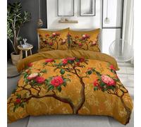 Copripiumino 220 x 240 cm 100% Microfibra con cerniera, Set Copripiumino Matrimoniale Cachi con Motivo Tradizionale Luminoso Floreale Camelia, Adatto a tutte le stagioni