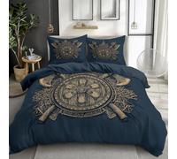 Copripiumino 220 x 240 cm 100% Microfibra, Set Copripiumino Matrimoniale Blu Scuro con Motivo Tradizionale Rune Vichinghe Asce, cme Chiusura a Cerniera, Adatto a tutte le stagioni