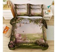 Copripiumino 240 x 220 cm, Reversibile Microfibra Morbido Copripiumini Stampato Stile Moderno Fiabe Praterie Tavolini Da Tè - Verde decorazione per le vacanze Copripiumino con Cerniera