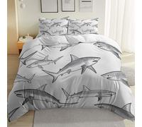 Copripiumino 240 x 260 cm 2 Federe 50x75cm Dipinto a Mano Squalo MisteriosoIncluse, Parure Copripiumino Morbida Microfibra con Stampa facile da pulire, lavabile Grigio scuro Bianco