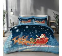 Copripiumino 240 X 260 Cm - Copripiumino In Microfibra Ultra Morbida Con Federa, Set Biancheria Da Letto In Babbo Natale Con Cerniera, Blu Scuro Leggero Traspirante, Renne E Slitta