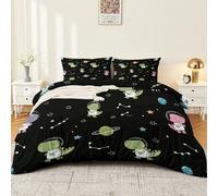 Copripiumino 260 Cm X 220 Cm Con 2 Federe Spazio Dinosauri Pianeta Set Biancheria Da Letto In Morbida Microfibra Lavabile Completo Letto Per Camera Da Letto Nero
