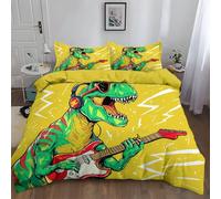 Copripiumino 3 pezzi 180 x 220 cm Cartone Animato Anime Chitarra DinosauroMotivo, set di biancheria da letto GialloStampa, microfibra Morbido Confortevole, Con 2 Federa 50 x 80 cm, per Ragazzi Ragazz