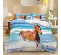 Copripiumino Animali Cavalli Costiero Colorato, Set Di Biancheria Da Letto Con Chiusura A Cerniera E Lacci Angolari, Copripiumino Stampato In Morbida Microfibra Con 2 Federe 200 cm x 200 cm