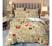 Copripiumino Beige Natale - Set di Biancheria da Letto Doppio con Stampa di Fiocchi di Neve, Renne e Pupazzo di Neve con Federe, Copripiumino con Motivo di Albero di Natale Dei Cartoni Animati, Morbi