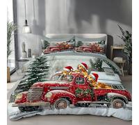 Copripiumino Camion D'Epoca 200 X 200 Cm, In Microfibra, Reversibile Biancheria Da Letto Golden Retriever Con Cappello Da Babbo Natale 3 Pezzi, Copripiumone Con Cerniera E 2 Federe, Multicolore