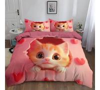 Copripiumino Cartone Animato Motivo d’Amore Gatto Morbida e Confortevole Set di Biancheria da Letto 180 x 220 cm Per Adulti e Bambini, Rosa Corallo Copripiumino e 2 Federe 50 x 80 cm