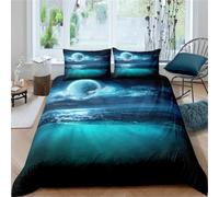 Copripiumino cielo notturno luna e nuvole nebbiose con vetro turchese come mare oceano, biancheria da letto con paesaggio naturale, cielo stellato, galassia, decorazione per bambini e adolescenti, 3