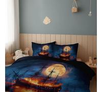 Copripiumino Classe A Nave Pirata Luna Piena Bedding Set Matrimoniale in 100% Microfibra 3 pezzi Una 150 x 220 cm e 2 federa da 50 x 80 cm, Morbido ed Ipoallergenico Nero