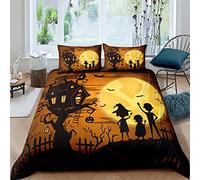 Copripiumino con Federa Lanterna Zucca di Halloween 3D Arancione Marrone Set Biancheria da Letto Ragazzo e Ragazza 1/2 Persona Strega Gatto Nero Pipistrello Quilt Cover (Marrone, 220 x 240 cm)