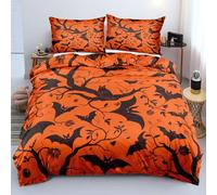 Copripiumino Halloween Bat Tree Owl,Set di Biancheria da Letto in Morbida Microfibra con Pipistrelli Neri,Animali Spaventosi,Copripiumino Reversibile Arancione per Bambini e Adulti,Decorazione per Ca