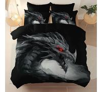 Copripiumino in Microfibra Nero - Fantasy Drago Linee Stampa - Biancheria da Letto 3 Pezzi per Ragazzi e Ragazze, 220 x 240 cm con Chiusura a Cerniera - 1 Copripiumone + 2 Federe