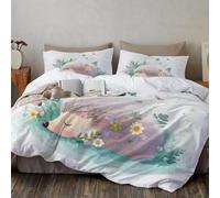 Copripiumino King Size Dipinto Acquerello Cartoni Animati 240X220Cm Microfibra Morbida Set Copripiumino,Erba Simpatico Disegno Riccio Biancheria Letto Reversibile Con 2 Federe 50X80Cm,Azzurro Chiaro