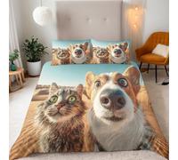 Copripiumino Matrimoniale 155x220 cm Gatto Carino - copri piumino Cane 3D Set di Biancheria da Letto Con Microfibra Comfort Morbida 3-Pezzi 2 Federe 50x75 con Cerniera e Fascette Angolari