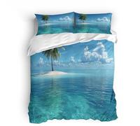 Copripiumino matrimoniale 220x260cm Alberi Di Cocco Dell'isola Mare 3D Set di Biancheria da Letto Con Microfibra Comfort Morbida 3-Pezzi con 2 Federe 50x75 con Cerniera e Fascette Angolari