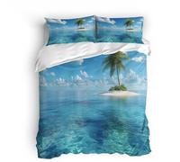Copripiumino matrimoniale 220x260cm Alberi Di Cocco Dell'isola Mare 3D Set di Biancheria da Letto Con Microfibra Comfort Morbida 3-Pezzi con 2 Federe 50x75 con Cerniera e Fascette Angolari