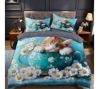 Copripiumino Matrimoniale 240x220 cm Fiori margherite e gattino Set Biancheria da Letto 3D in Microfibra Stile Disegnato a Mano Poliestere Cotone Morbido