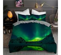 Copripiumino Matrimoniale 250x200 Aurora boreale verde Biancheria da Letto Morbido Microfibra Copri Piumone e 2 Federe Abbinate, con Zip, Ipoallergenico