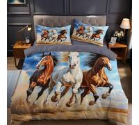 Copripiumino Matrimoniale 250x200 cm Animali Tre Cavalli Set Biancheria da Letto 3 Pezzi in Poliestere Stampa 3D con 2 Federe 50x80 cm