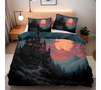 Copripiumino Matrimoniale Castello Luna 240x260 cm Copripiumino Halloween 3D Stampa Fronte-retro Set di Biancheria da Letto Microfibra Cerniera Invisibile Lacci a Quattro Angoli 2 Federe 50x80 cm