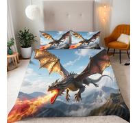 Copripiumino Matrimoniale Fuoco Drago Montagna 200x200 cm Copripiumino Paesaggio 3D Stampa Set di Biancheria da Letto Microfibra Cerniera Invisibile Lacci a Quattro Angoli 2 Federe 50x80 cm cm