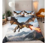 Copripiumino Matrimoniale Fuoco Drago Montagna 240x260 cm con 2 Federe 50x80 cm Copripiumino Fantasia 3D Stampa Microfibra Lavabile In Lavatrice Cerniera Invisibile Adatto Camerette Dormitori