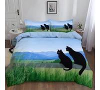 Copripiumino Matrimoniale Gatto Nero Recinto Montagne Lontane Biancheria da letto Set Copripiumino 100% Microfibra 2 Pezzi con Cerniera e 1 Federe 50x80 Morbido ed Ipoallergenico Azzurro135 x 200 cm