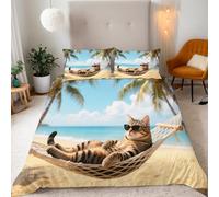 Copripiumino Matrimoniale Gatto Vacanza 200x200 cm con 2 Federe 50x80 cm Set Copripiumino Spiaggia Animale 3D Stampa Microfibra Lavabile In Lavatrice Cerniera Invisibile Lacci a Quattro Angoli