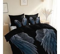 Copripiumino Matrimoniale In Microfibra Rendering 3D Ali D'Angelo 220 X 240 Cm E 2 Federe Da 50 X 80 Cm, Nero Morbido Ed Ipoallergenico Biancheria Da Letto Reversibile