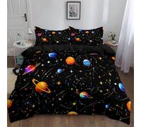 Copripiumino Matrimoniale Morbido Anallergica, Parure Copripiumino 100% Microfibra, Universo Cielo Stellato Pianeti Tessuto 3 Pezzi - con 1 Sacco Copri Piumino 200 x 200 cm + 2 Federe 50 x 80 cm Nero