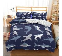 Copripiumino Matrimoniale Squalo Traspirante in Microfibra Set di Biancheria da Letto Blu con Cerniera 3D Copripiumino 200x250 e 2 Federe b.3395