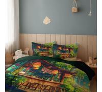 Copripiumino Matrimoniale Stile Anime Lanterne Piante Verdi Biancheria da letto reversibile Set Copripiumino 100% Microfibra3 Pezzi con Cerniera e 2 Federe 50x80Morbido ed Verde220 x 240 cm