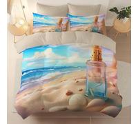 Copripiumino Microfibra spazzolata 3 Pezzi 220 x 260 cm, Realistico Spiaggia Conchiglie FaroCopripiumino stampato Chiusura a Cerniera, Super morbido e facile da curare Anallergico Copripiumini, Beige