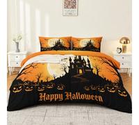 Copripiumino morbido, 200 x 200 cm, motivo: castello infestato dalla luna | Set copripiumino in microfibra traspirante e facile da pulire, con stampa di Halloween, per bambini e adulti, arancione