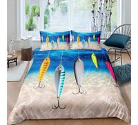 Copripiumino, motivo pesci, per bambini, con amo da pesca, per ragazzi, ragazze, oceano, spiaggia, set da letto a tema mare subacqueo, decorazione del mondo, con 2 federe per letto matrimoniale
