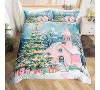 Copripiumino Natalizio con Motivo A Cartoni Animati per Bambini - Set di Biancheria da Letto Matrimoniale con Stampa di Una Baita Nel Bosco Rosa e Una Scena Innevata, Set di Biancheria da Letto Matri