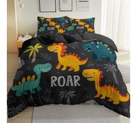 Copripiumino per adolescenti e adulti 240 x 220 cm, Set letto matrimoniale in microfibra da 3 pezzi con chiusura a cerniera, Dinosauro Dipinto A Mano In Stile Cartone Animato Motivo stampato, Grigio