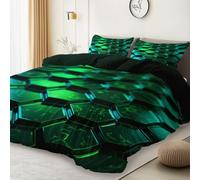 Copripiumino Set 135 x 200 cm Biancheria da Letto in Microfibra Morbido Traspirante, Tecnologia Futuro Esagono Texture Stampa Set copripiumino con Chiusura a Cerniera e Lacci Agli Angoli, Nero E Verde