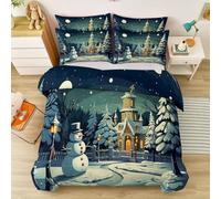 Copripiumino Set 200 x 200 cm Biancheria da Letto in Microfibra Morbido, Cartone Animato Igloo Pupazzo Di Neve Pini Stampa Set copripiumino con Chiusura a Cerniera e Lacci Agli Angoli, Blu